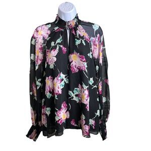 A.L.C Women's Dark Floral Gothic 100% Silk Long Sleeve Blouse Size 6 Chic‎ Edgy
